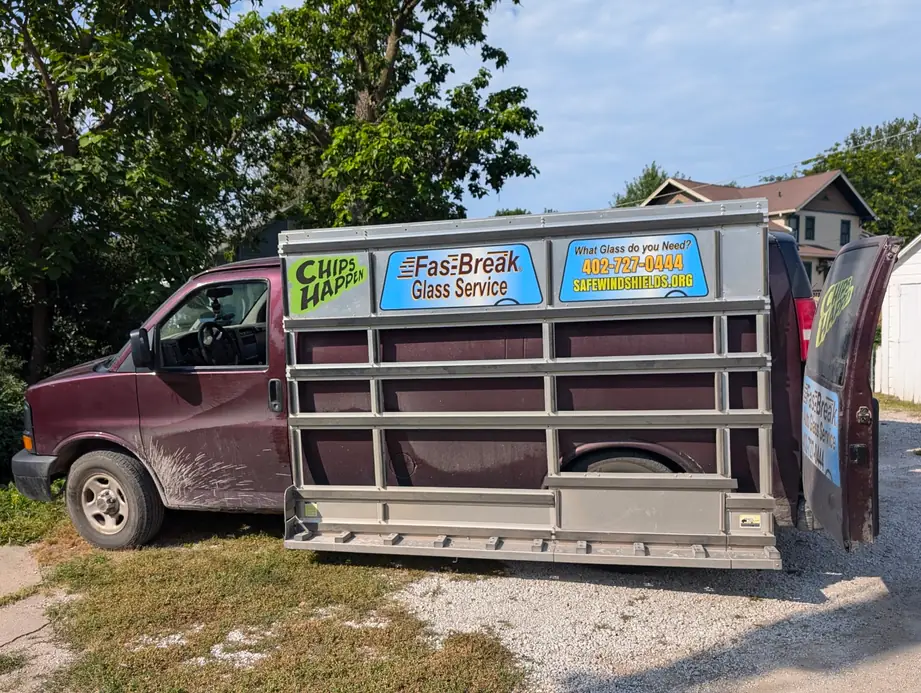 Fas-Break Glass Service van with its glass transport rack and Chips Happen signage